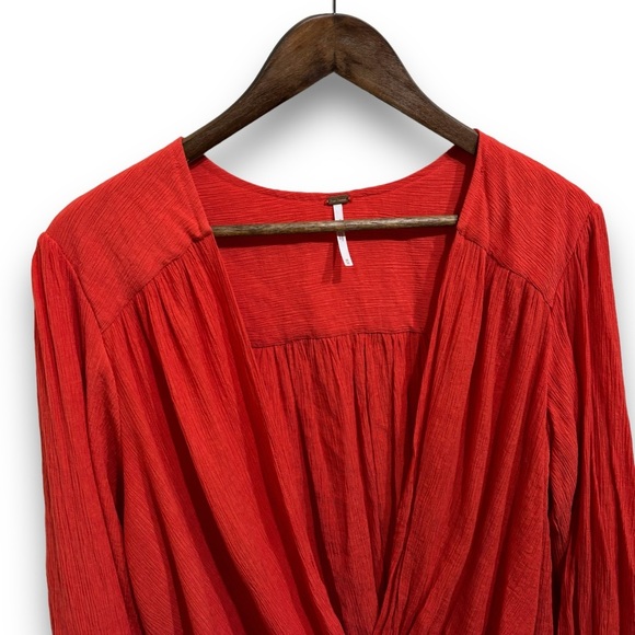 Free People Women's Check On It Faux Wrap Top Flame Red 
Size Medium 22 x 27 - Picture 3 of 4
